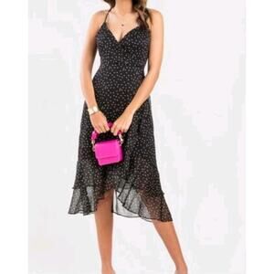 Mi Ami Women's Faux Wrap Polka Dot Midi Dress Black & White Adjustable Straps M